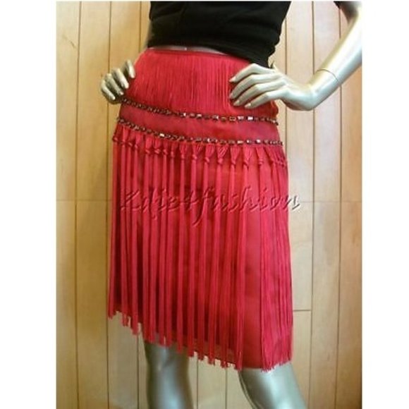 $2230 New ALBERTA FERRETTI Red Fuchsia Fringe Rhinestone Silk Skirt 6